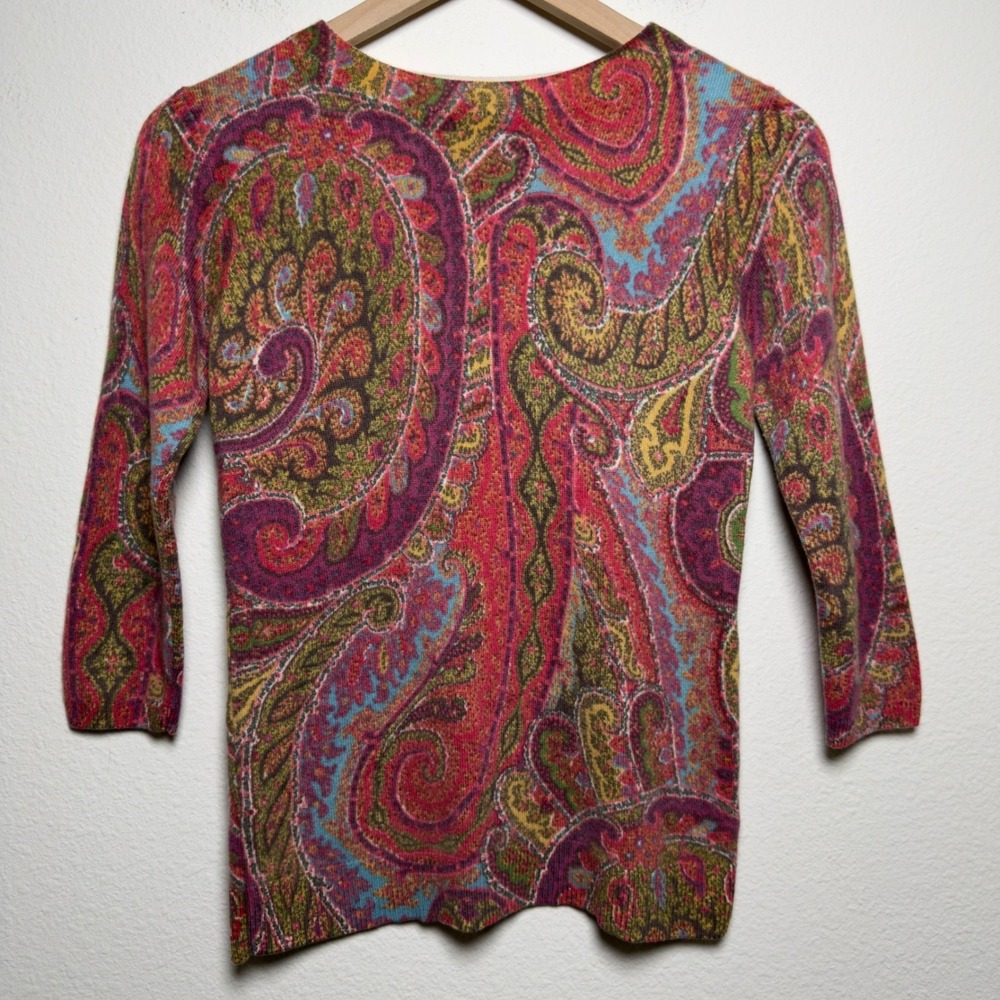 Talbots Women 100% Cashmere Sweater SP Multicolor‎ Paisley 3/4 Sleeve Pullover